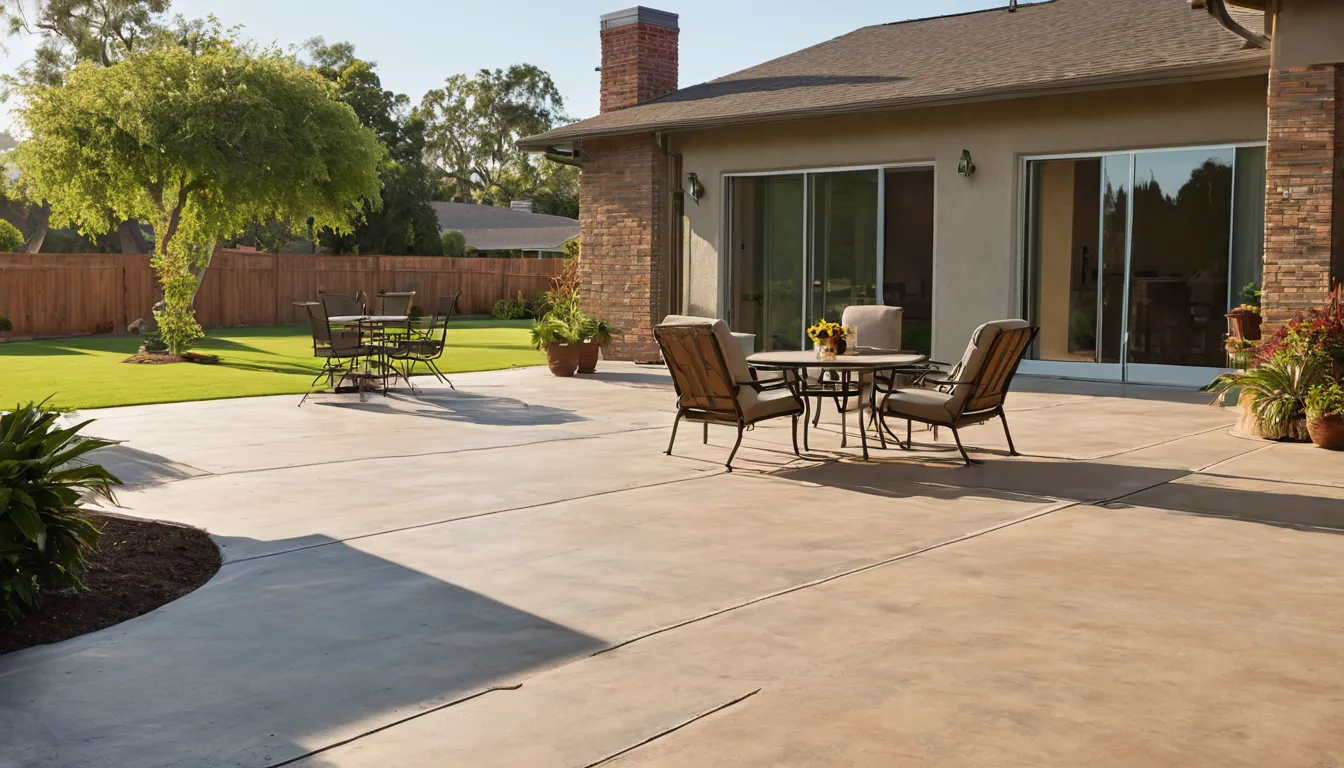 A newly finished concrete patio behind a single-story brick home in the Warrior area